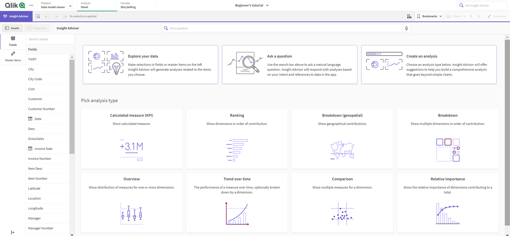 Click to view full size Insight Advisor Analysis Types, displaying available analysis types in Analysis options.