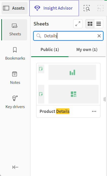 Click to view full size Searching Sheets in the assets panel for 'Details'. There is one result in public sheets and one results in my own sheets.